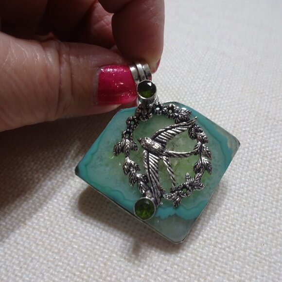 Unique GREEN BOTSWANA AGATE & PERIDOT Handmade Sterling Pendant/Black Cord 795B - Picture 1 of 3